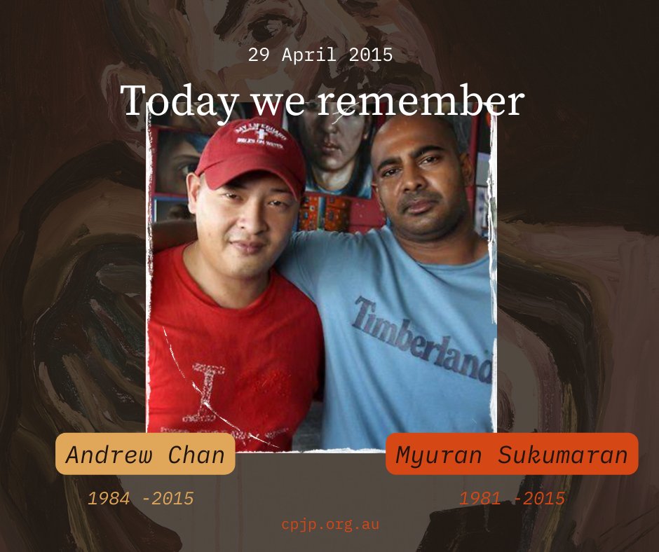 Today is the 9th anniversary of the deaths of Andrew Chan & Myuran Sukumaran, executed by firing squad in Indonesia, alongside 6 other people. We remember them, along with every person who has died at the hands of a retributive state, & the families & friends left mourning them.