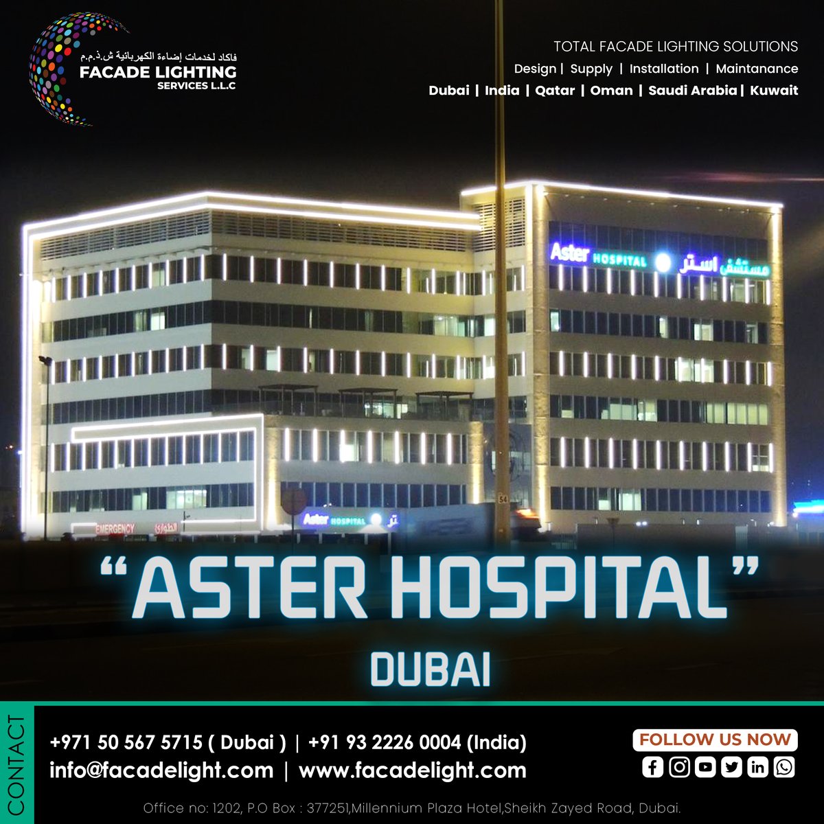 We're proud to showcase our latest #project at #asterhospital, where we've designed a stunning #facadelighting system that enhances its #architectural beauty.

#facadelighting #lightingmanufacturer #lightinginstallation #facadelightingservice #asterhospitaldubai #exteriorlighting