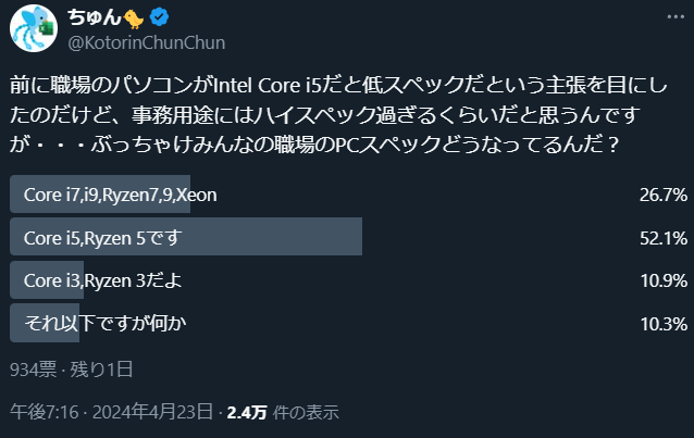 先週のアンケート個人的には意外な結果でした。
i7,i9はもっと少なくて、i3が3割はいると思ってました。

それと、それ以下が1割いるのは社会問題のような気がしますね😅