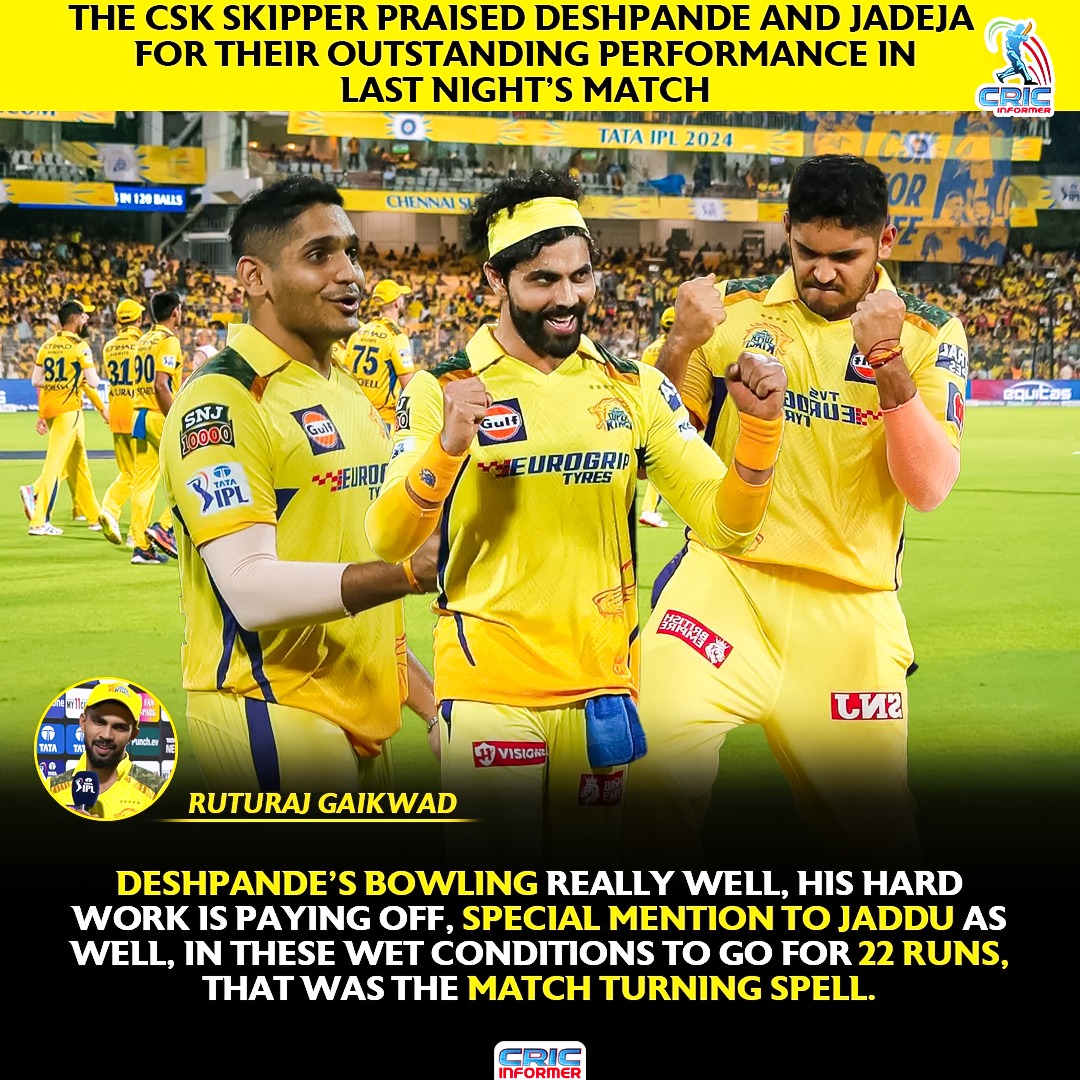 The CSK skipper praised Deshpande and Jadeja for their outstanding performance in last night's match #IPL2024 #RuturajGaikwad #SRHvsCSK #CricketTwitter #patcummins #iplfever #cricketnews #tushardeshpandey