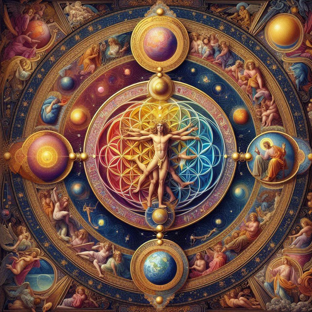 @MCeARTh33 prompt: vesica piscis of the material and celestial mental worlds, in the middle a depiction of the physical manifestation of the divine union creating reality