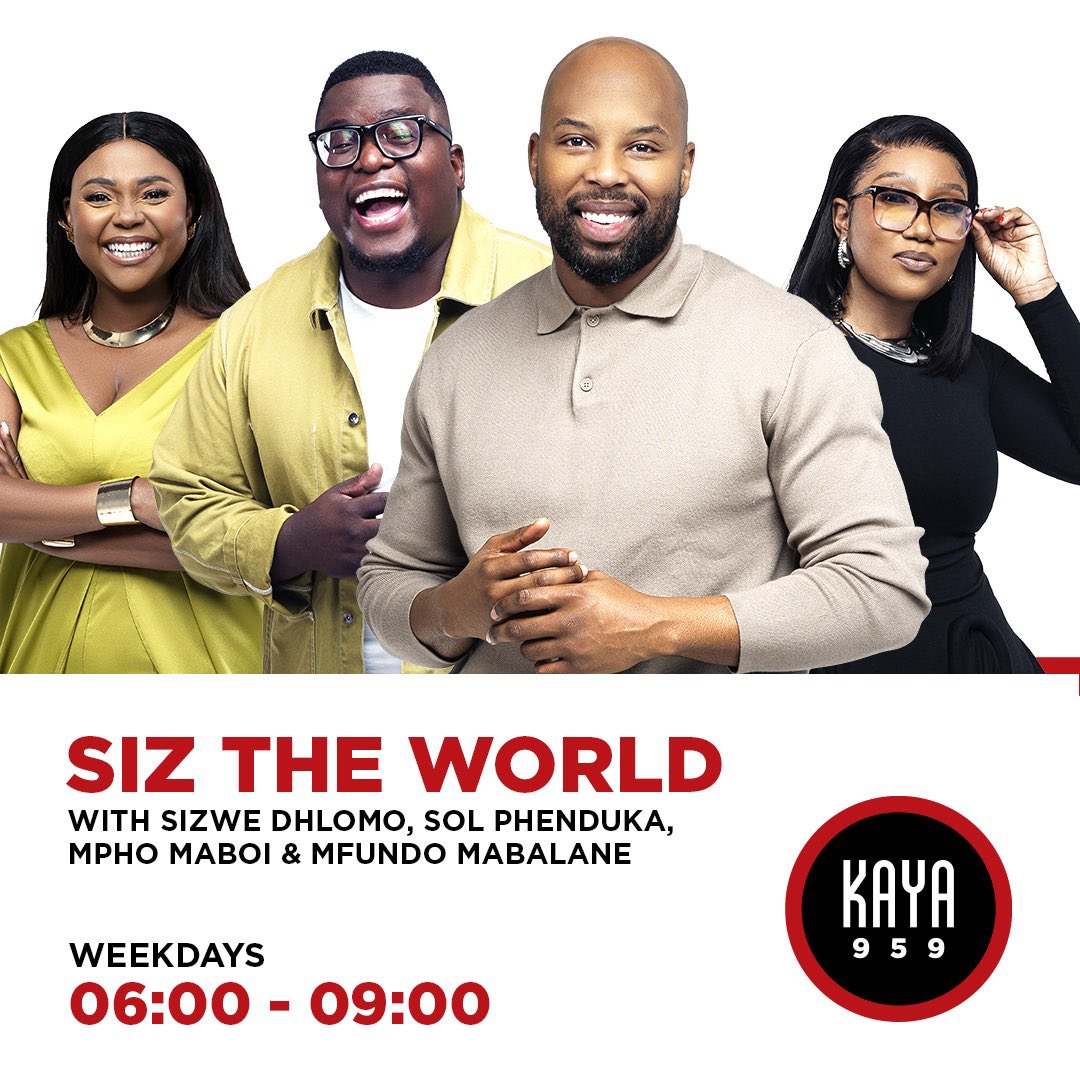 The second hour of #SizTheWorld is here! Here’s what’s in store for you: - TV Show Theme Songs on #PlayDough - Pop Singers Meet EDM DJ's on #SingItBack - WIN a share of R150K in #CashinTheSong @SizweDhlomo @Solphendukaa @MphoMaboi_ & @Mfundo_Mabalane