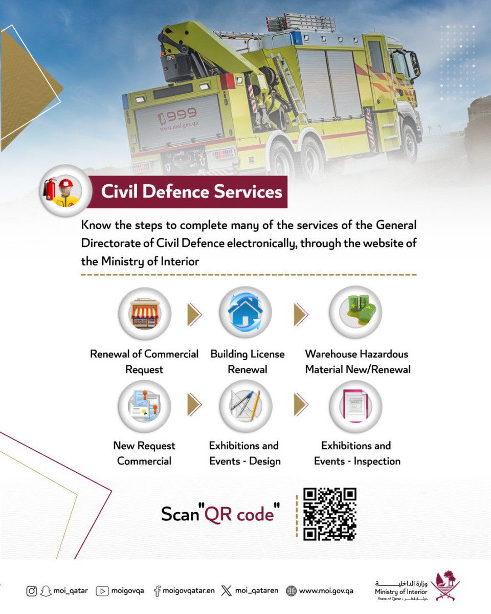 Learn the procedures for accessing many services offered by the General Directorate of Civil Defence through the website of the Ministry of Interior. It is our pleasure to serve you. #MOIQatar #CivilDefence