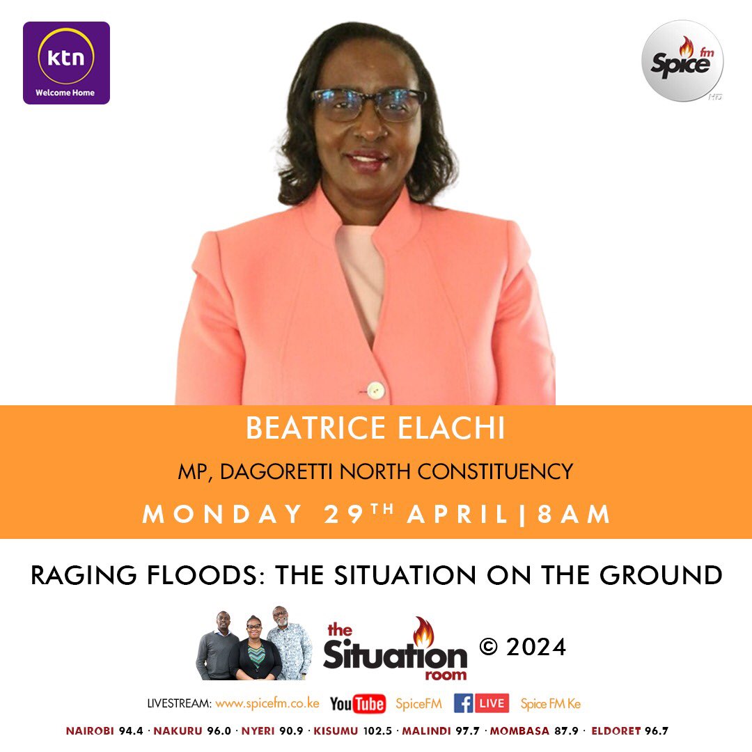 Rating floods. 8-9am with Dagoretti North MP @BeatriceElachi_ #TheSituationRoom LIVESTREAM: youtube.com/live/jTertMKfR…