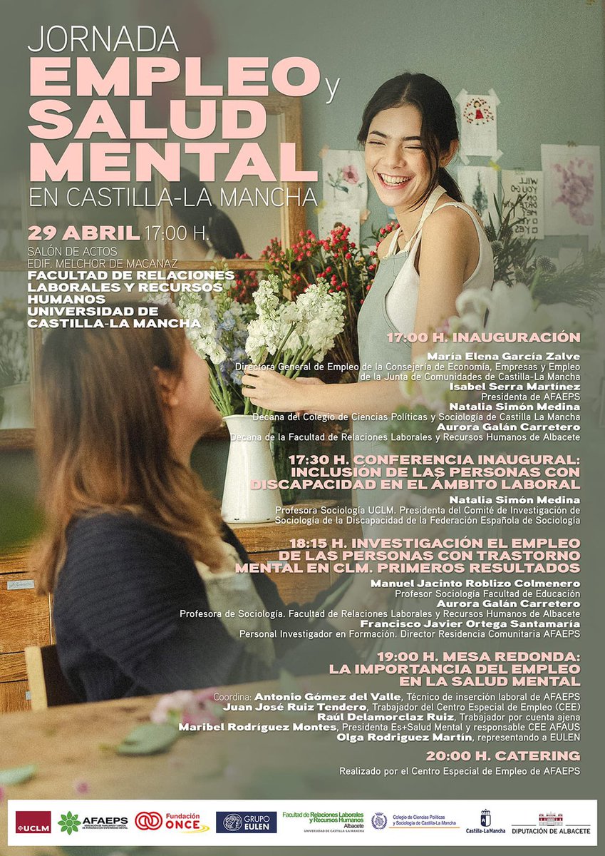 Hoy se celebra la jornada: 

“Empleo y Salud Mental en Castilla-La Mancha”

En Albacete, 29 de abril de 2024, 17:00 horas.