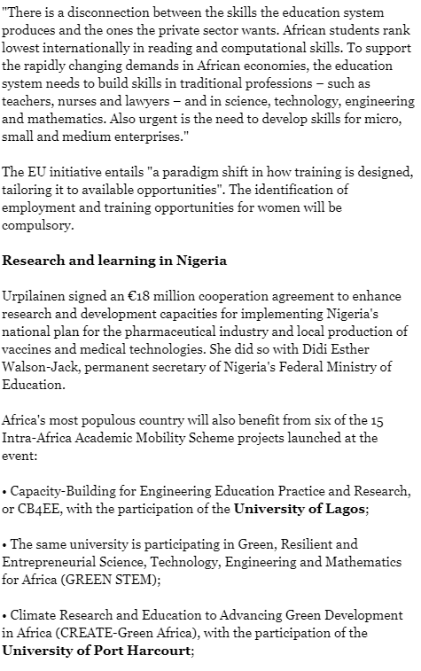 The European Union has signed programme funding of €245 million (US$263 million) for various educational projects in Africa, including academic mobility across the continent, an Africa-Europe Youth Academy, ...1/3 @elimikatrust @smutoro @EduMinKenya @Muoria_Dr