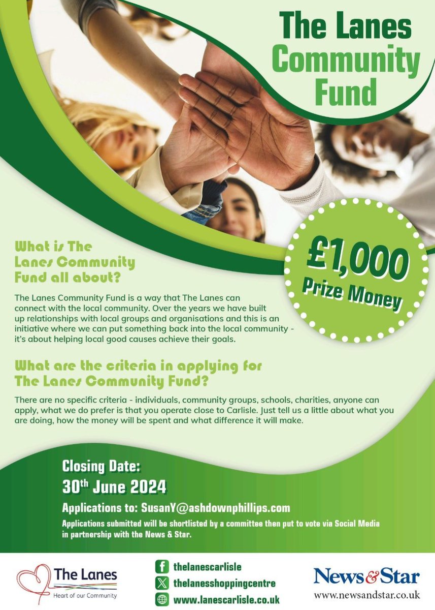The Lanes Community Fund - What would you do with £1,000? Spread the word and tag in those you think should apply and be recognised for their work. #TheLanes #DiscoverMore #Community #Carlisle #Cumbria #GoodCauses #Charity