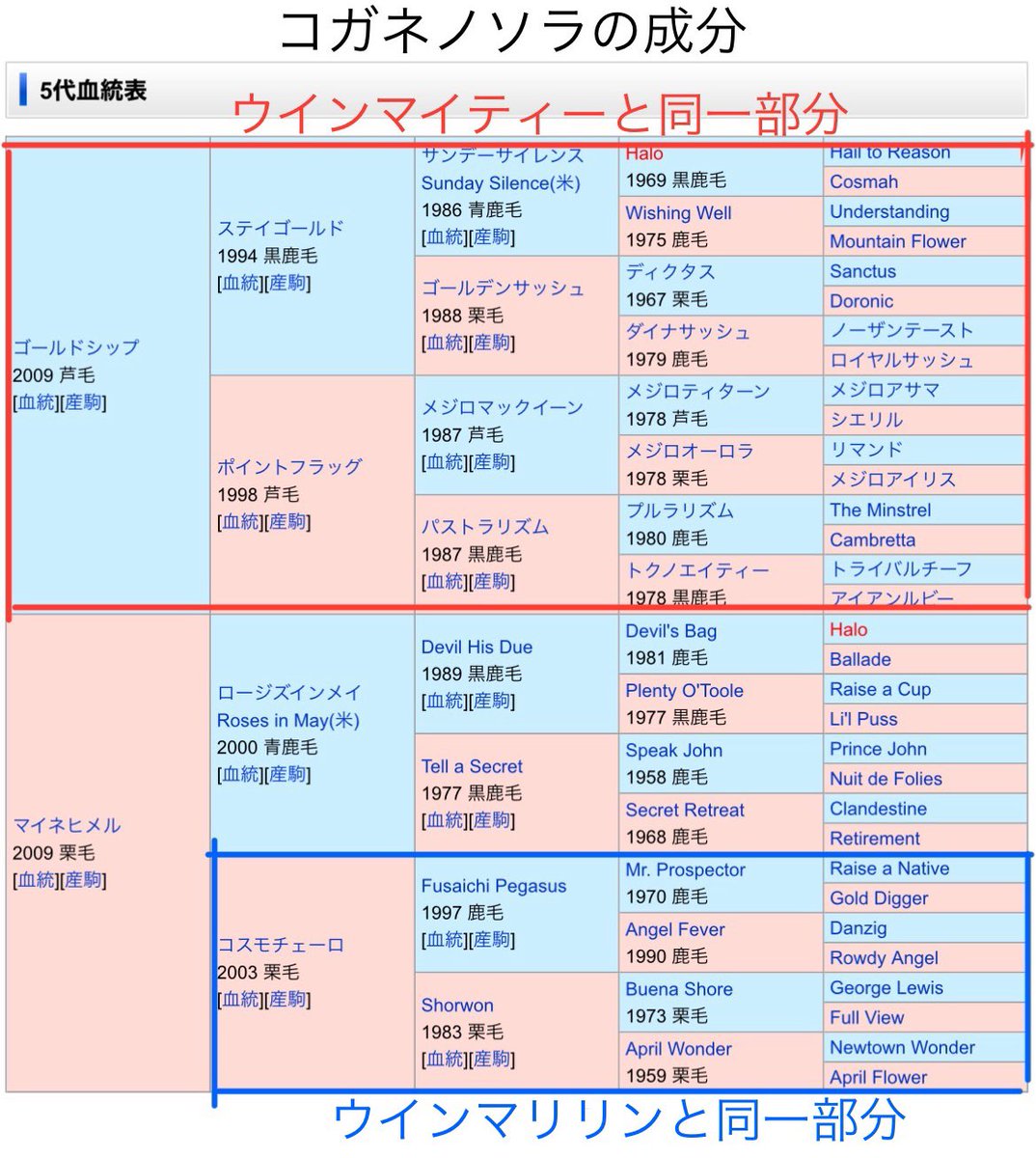 ウインマイティー
ゴールドシップ産駒
↓
ウインマリリン
コガネノソラの叔母
↓
マリマイの百合が発覚(事実)
↓
血統の75%がマリマイでできてるコガネノソラがオークス出走決定
↓
コガネノソラはマリマイの子(強めの幻覚)←今ここ

これが競馬界や
ついて来れるかウマ娘の民よ…