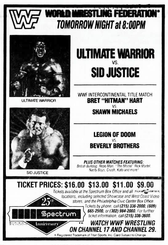 On this day in 1992: The World Wrestling Federation hits the Philadelphia Spectrum! 🤼 #WWF #WWE #Wrestling #SidJustice #UltimateWarrior