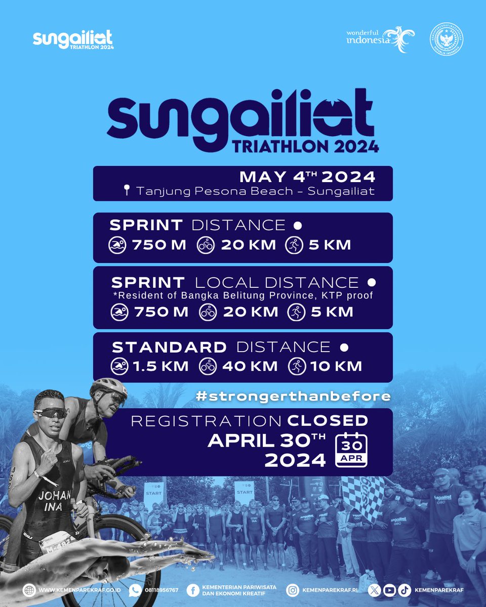 Bagi penggemar triathlon ga boleh ngelewatin event ini! Catat tanggalnya buat bergabung dengan keseruan dari Sungailiat Triathlon 2024 🔥 Registrasi dibuka hingga 30 April 2024 🙌🏼 Info selengkapnya kunjungi Instagram: @/sungailiattriathlon #SungailiatTriathlon