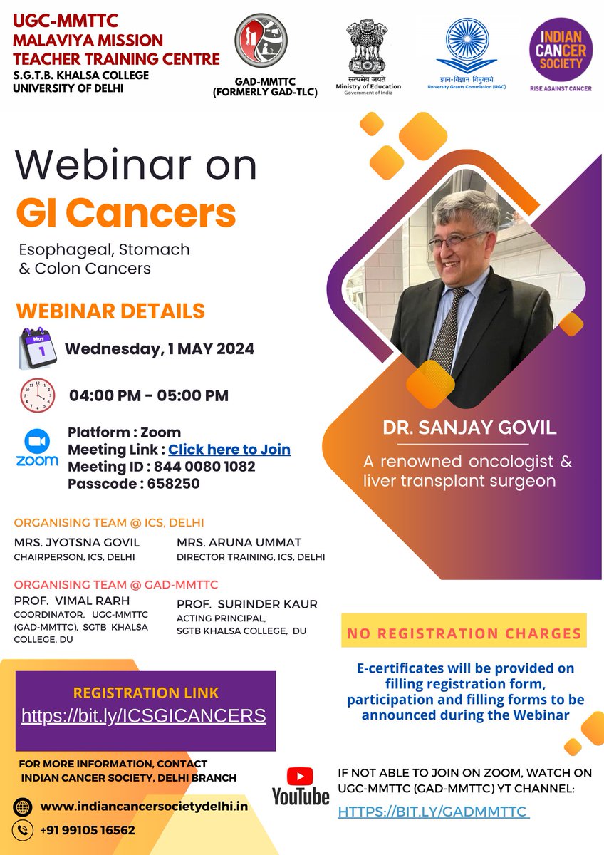 Excited for the second episode of our GI Cancer talk series with Dr. Sanjay Govil from Apollo Hospitals Bangalore! Join us for valuable insights and expert advice. 
Meeting : us02web.zoom.us/j/84400801082...
ID : 844 0080 1082
Code : 658250
 #GICancer #Healthcare #CancerAwareness