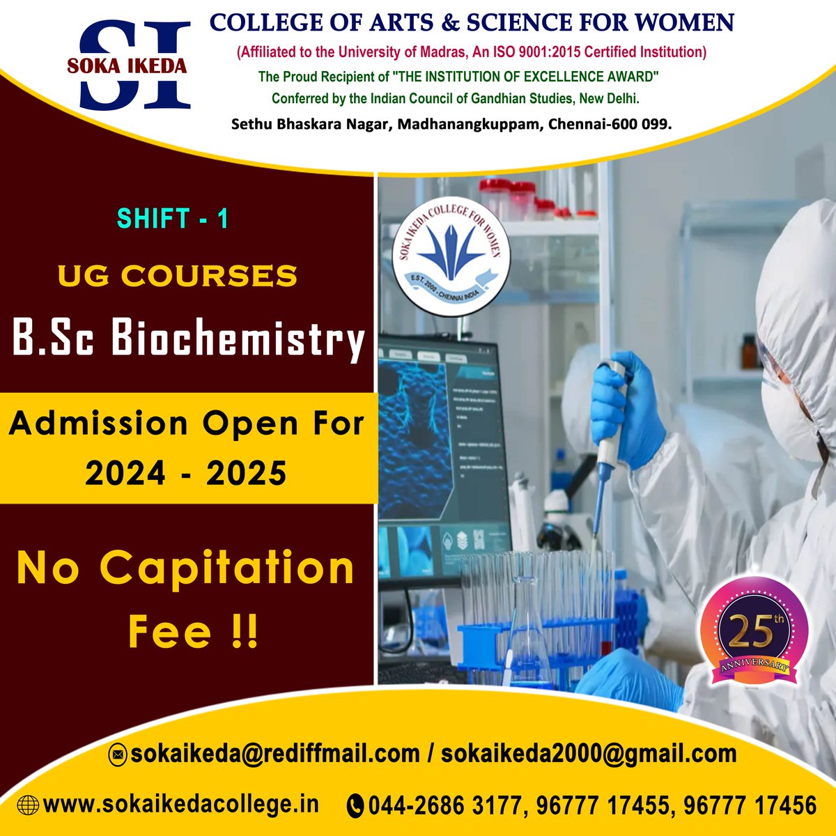 𝐁.𝐒𝐜 -𝐁𝐢𝐨𝐜𝐡𝐞𝐦𝐢𝐬𝐭𝐫𝐲
Contact Details: 
Soka Ikeda College of Arts and Science for Women
Online Admission: sokaikedacollege.in/#/online-submi…
Website: sokaikedacollege.in
Phone Number: 044-2686 3177, 96777 17455, 96777 17456
#BScBiochemistry #SokaIkedaCollege #coursesoffer