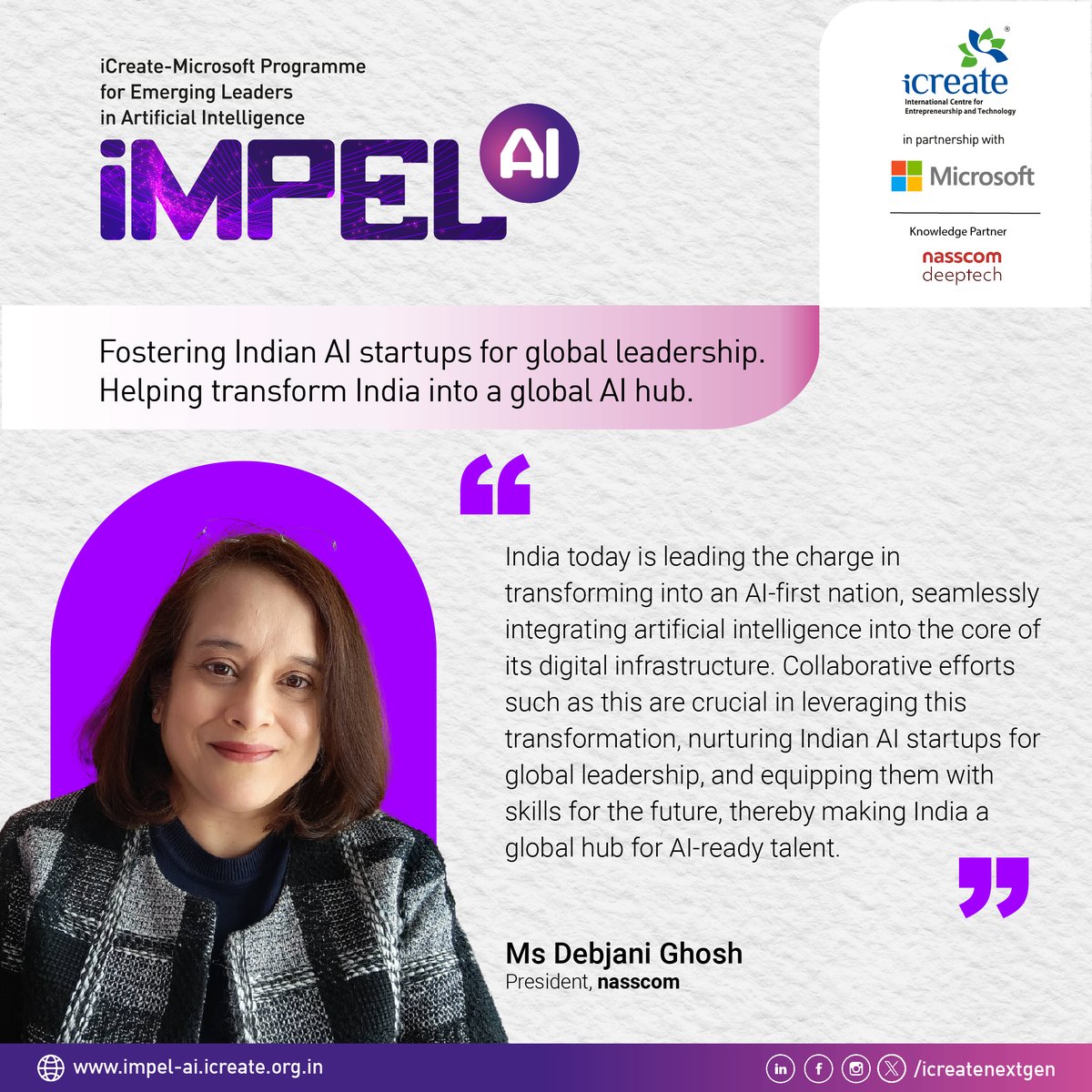 Discover what Ms @debjani_ghosh_ , President of @nasscom , has to say about the partnership between iCreate for the iMPEL-AI and @nasscomdeeptech as the knowledge partner.  Apply now: icreate.accubate.app/ext/form/1803/…

#iCreateWithYou