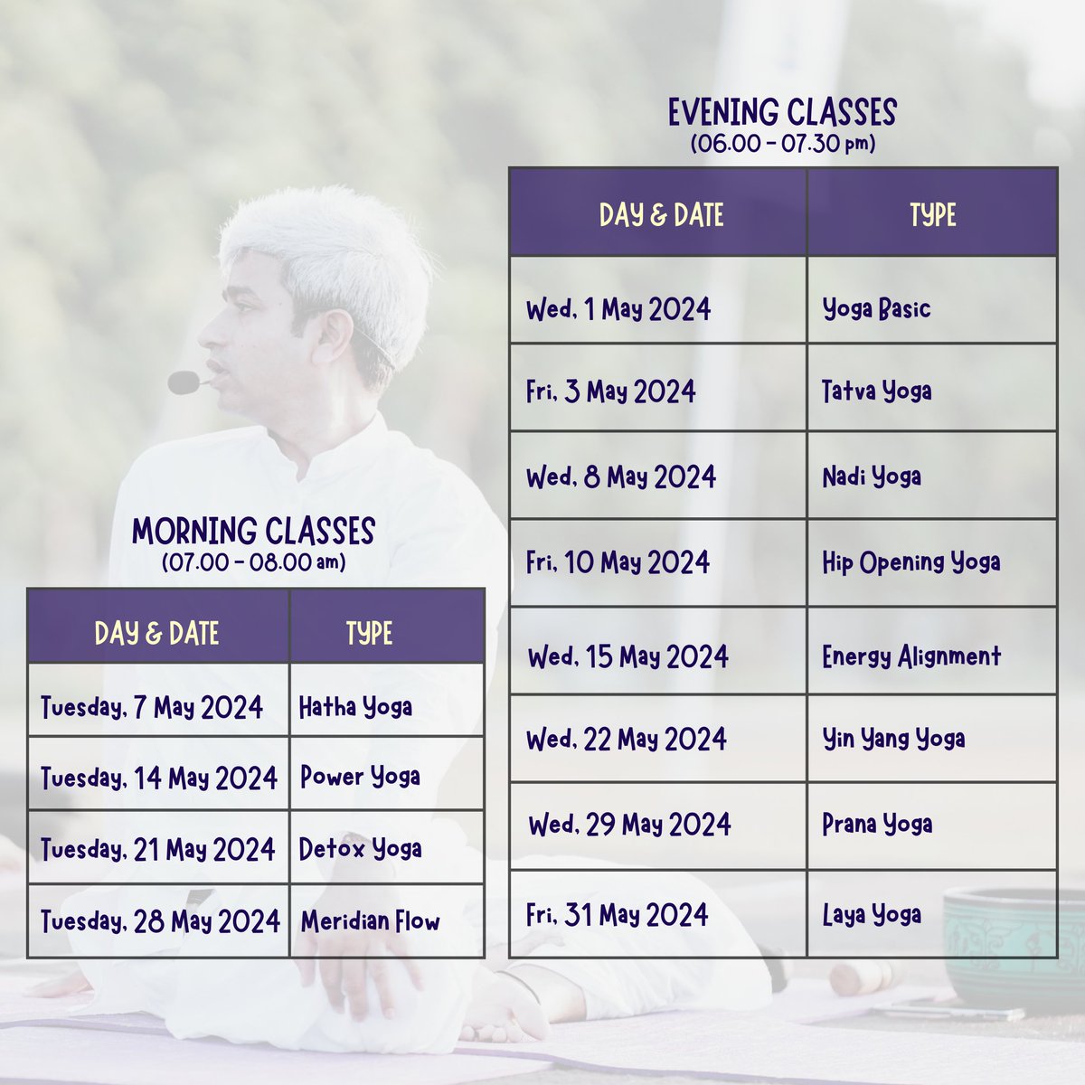 Namaste everyone 🙏🏻 Here is our schedule for May 2024. Please check the schedule & register for the classes and experience authentic Indian yoga with our Director, Shri Naveen Meghwal at SVCC Bali.