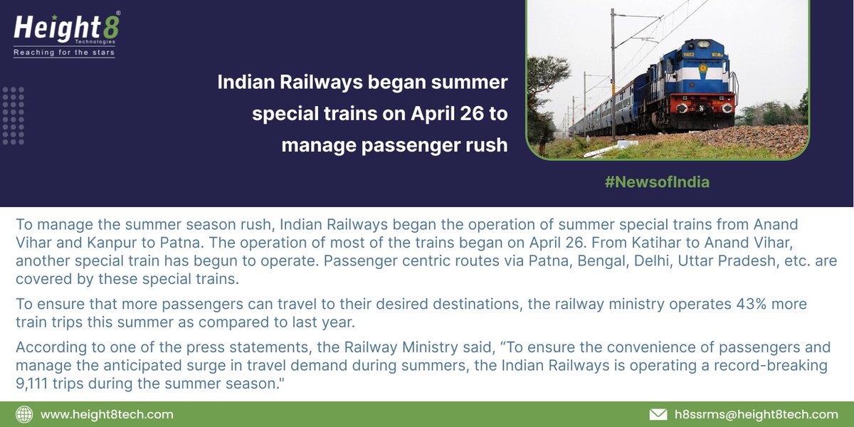 Indian Railways began summer special trains on April 26 to manage passenger rush.

Follow us for more such news.

#newsofindia #India #indianrailways #SummerSpecialTrains #News #H8 #height8 #height8tech #telecoms