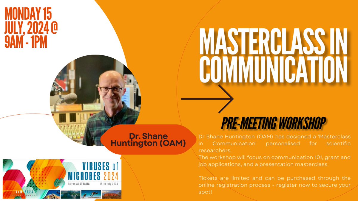 📢Join Dr. Shane Huntington (OAM) (@DrShaneRRR) for a pre-conference 'Masterclass in Communication' on July 15 at @CCC_Cairns 📢 Elevate your communication skills, master grant/job applications, and perfect presentations. Register now for just AU$25! 👇👇
