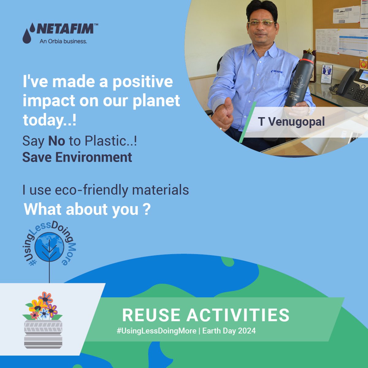 NetafimIndia's tweet image. And our #UsingLessDoingMore initiative, now in its fourth year, is in full swing!
Leaders from Netafim India have been taking actions to reduce their carbon footprint. What about YOU?
Need help brainstorming small changes that can make a big impact?
#EarthDay2024
