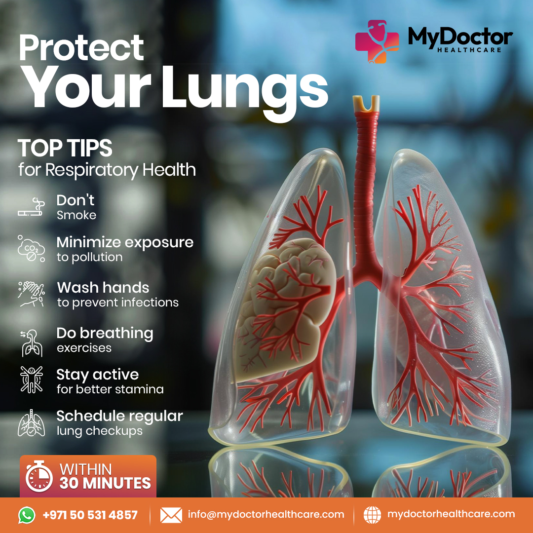 Nurture Your #Lungs - Essential tips for respiratory wellness! From avoiding smoke to staying active, prioritize your lung health today. Get consultation visit: mydoctorhealthcare.com

#BreatheEasy #mydoctorhealthcare #heathtips #healthdubai #dubai #uae #healthcare #dubaiclinic