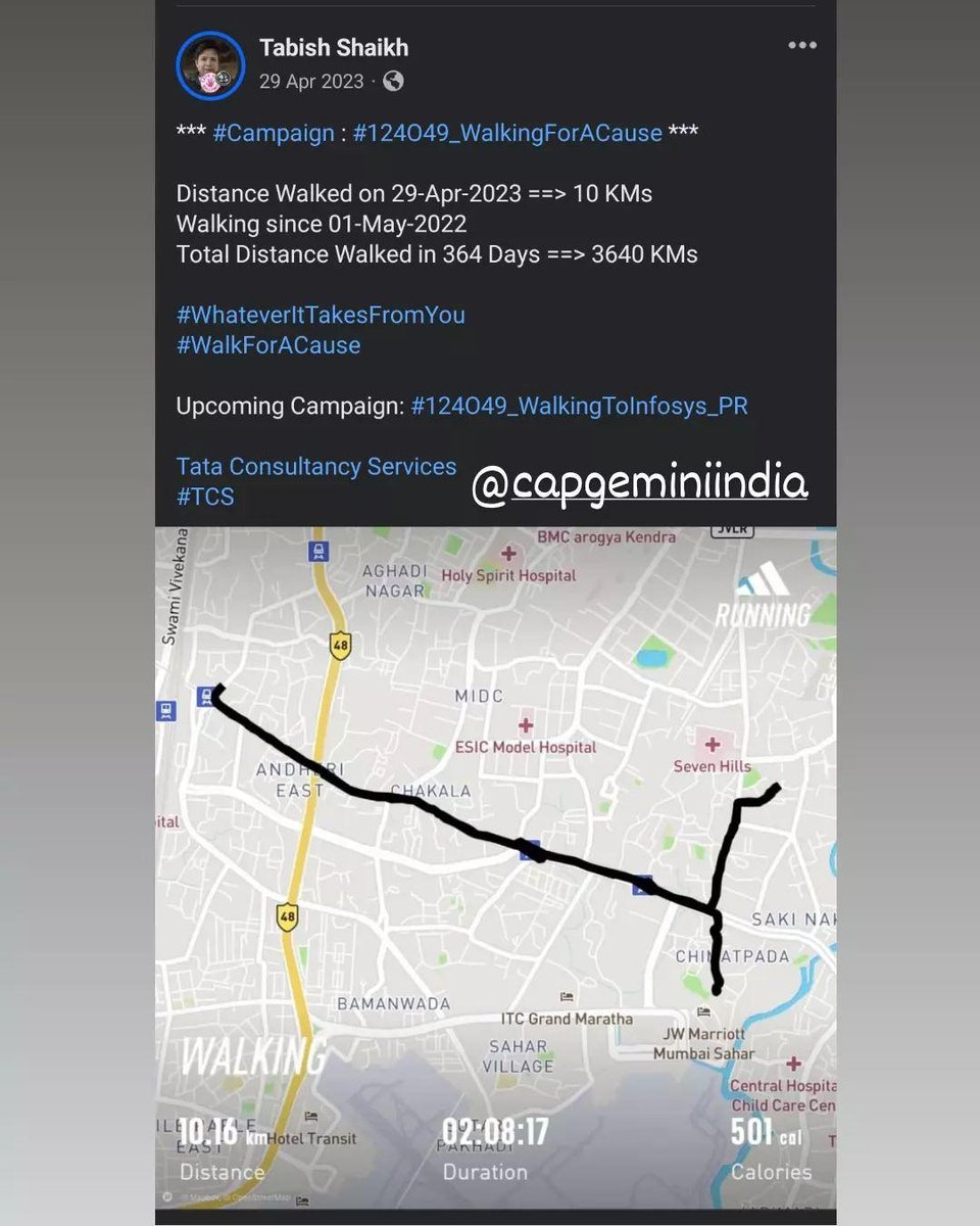 *** #Campaign : #124O49_WalkingForACause ***

Distance Walked on 29-Apr-2023 ==> 10 KMs
Walking since 01-May-2022 
Total Distance Walked in 364 Days ==> 3640 KMs

#WhateverItTakesFromYou
#WalkForACause 

Upcoming Campaign: #124O49_WalkingToInfosys_PR 

@TCS
#TCS

@Capgemini
