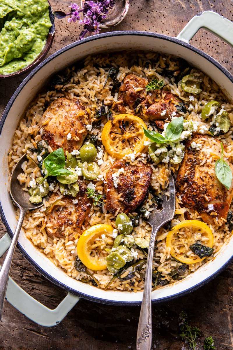 New! Skillet Greek Lemon Chicken and Rice. Garlicky lemon butter butter chicken + rice pilaf, salty green olives, crumbled feta cheese, and fresh basil. Great for spring and so delicious! halfbakedharvest.com/lemon-chicken-…