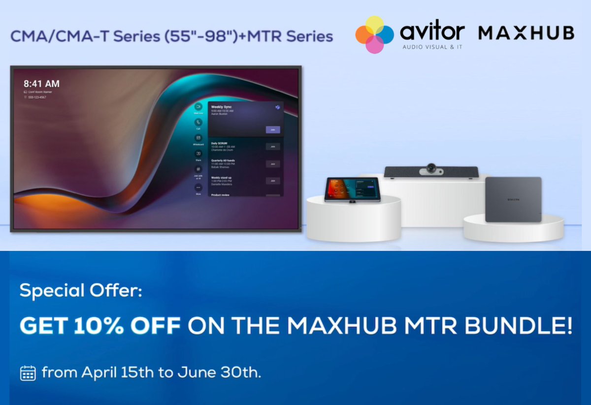 MAXHUB 10% SAVINGS On MTR And Display Bundles!

Purchase any XCore kits with a display and save 10% on all purchases until the end of June .

MAXHUB XCore Kit - Empowering BYOD MS Teams Rooms

UK - sales@avitor.co.uk or 01273 920177
Ire - sales@avitor.ie 0r Tel 01 9121330