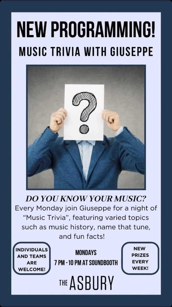 @theasburyhotel Soundbooth Lobby Bar presents EDM Trivia 7PM Monday 4/29!
Enjoy eats from the Counter Café and drinks from the Bar!
Win prizes like @asburylanes upcoming show tickets!
#AsburyPark #AsburyParkNow #CentralJerseyNightlife #JerseyShoreNightlife #MusicTriviaNJ