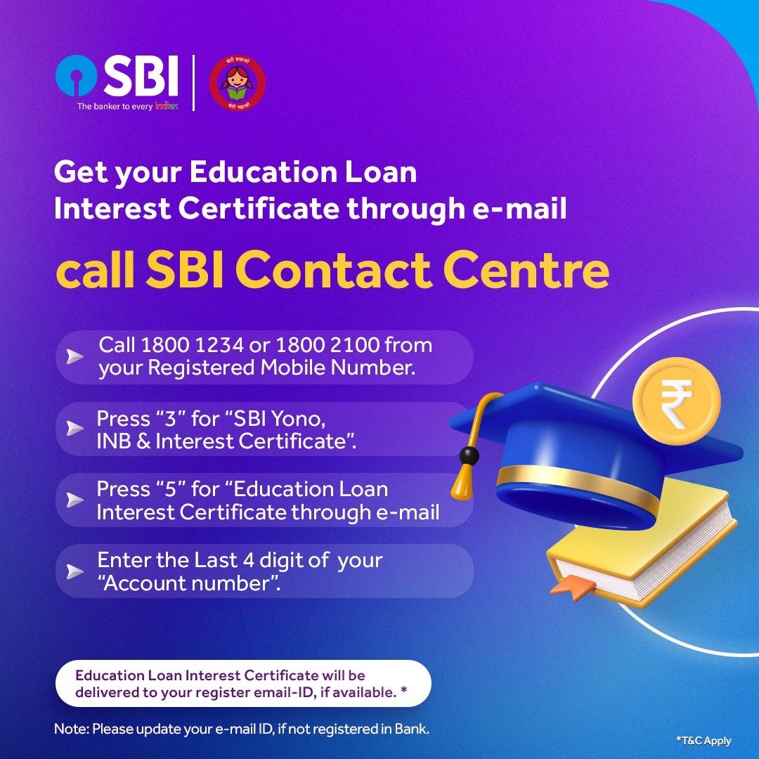 Your Education Loan Certificate is just a phone call away. Call our toll-free numbers and get interest certificates on your registered e-mail ID. #SBI #TheBankerToEveryIndian #SBIContactCentre