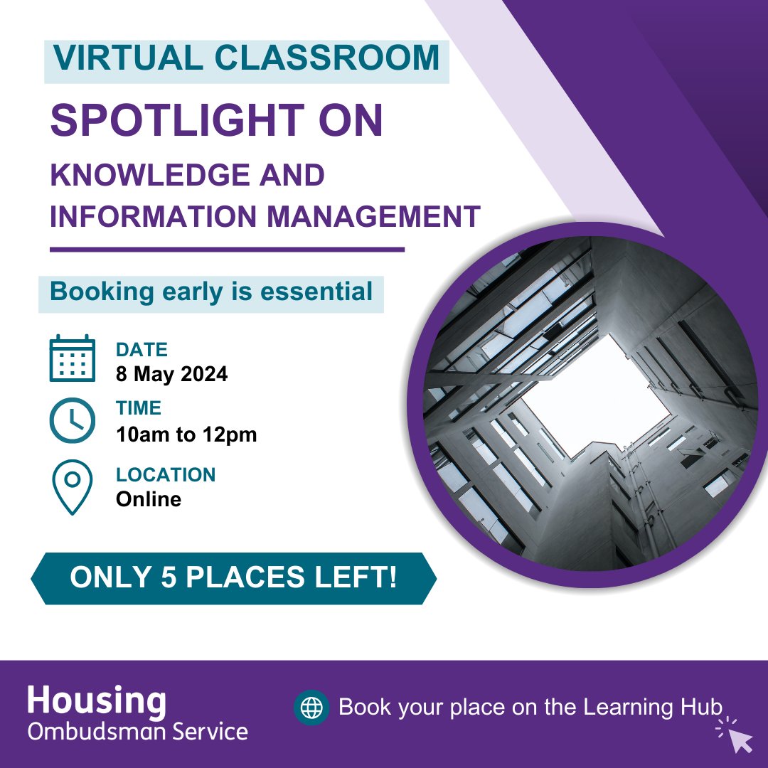 Only 5 places left! Secure your place on the Centre for Leaning's knowledge and information management virtual classroom on 8th May at 10am. Booking is via the Learning Hub: tinyurl.com/33xnscee #ukhousing