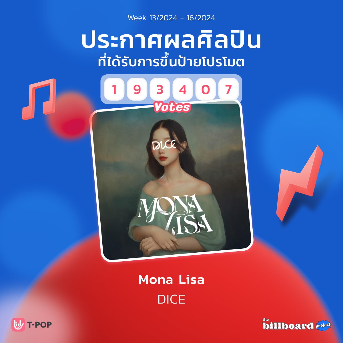 ♡⸝⸝ ᴄᴏɴɢʀᴀᴛᴜʟᴀᴛɪᴏɴꜱ @DICE_SONRAY 
.
ขอแสดงความยินดีกับเพลง Mona Lisa จาก DICE ด้วยคะแนนโหวตจาก POP Coins ทั้งสิ้น 193,407 โหวต
.
#DICE_SONRAY #DICE_MonaLisa_DebutSingle
#TPOP #TPOPApp