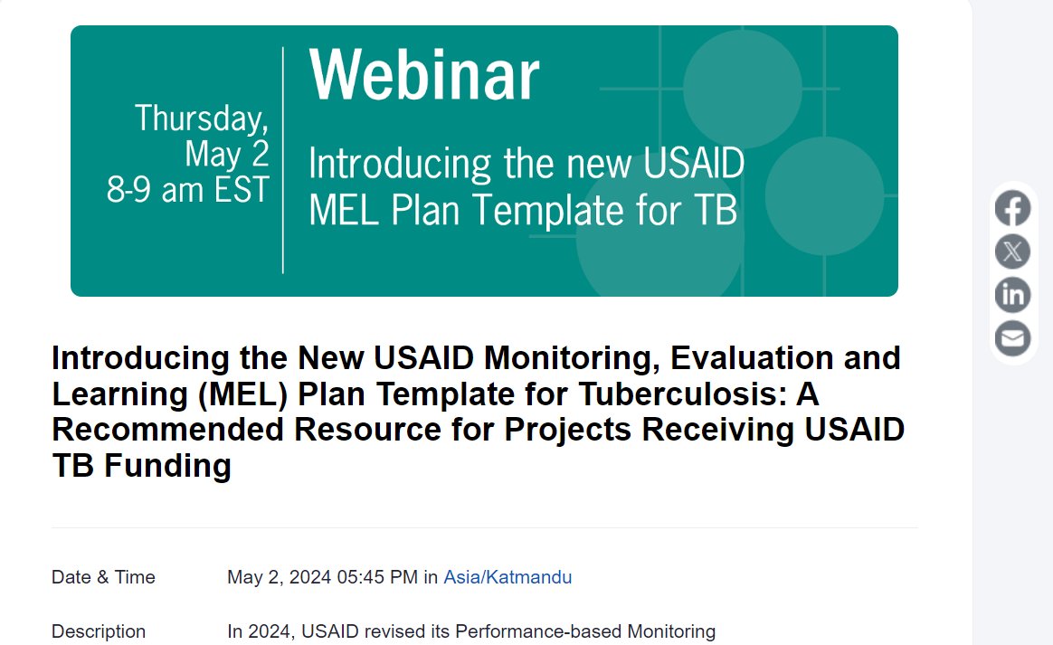 Are you interested in learning how to create or review Monitoring, Evaluation and Learning (MEL) plans for @USAID funded #tuberculosis projects? Join the webinar on ⭐️ May 2, 2024⭐️ that will introduce the New USAID MEL Plan Template! Know more / register: unc.zoom.us/webinar/regist…
