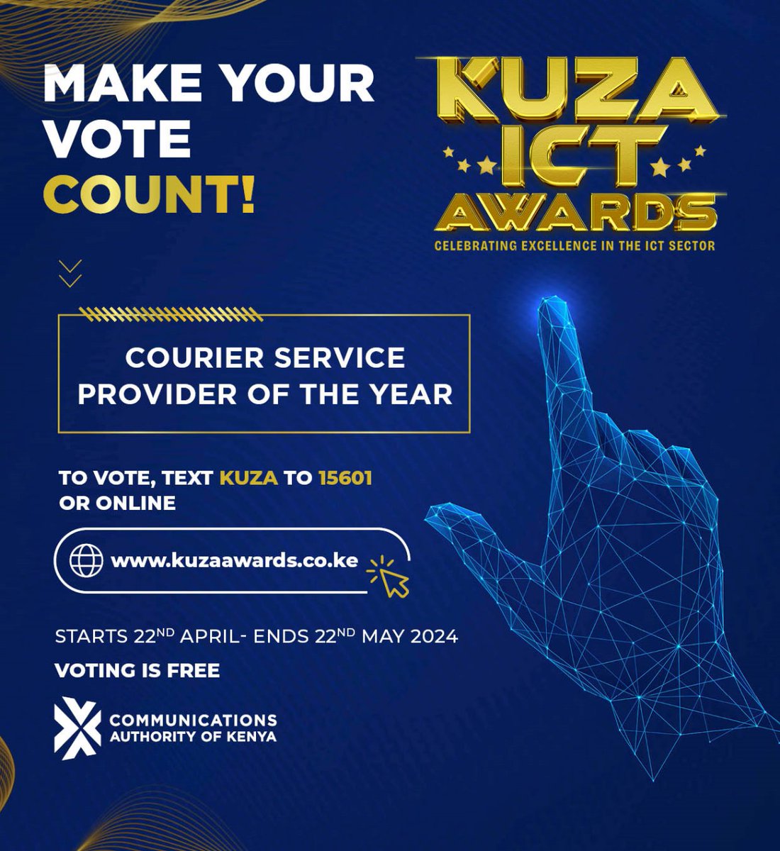Needing a reliable courier service? Who impresses you with innovative options and great customer care? Cast your vote for the best in the business! Text 'KUZA' to 15601 or visit Kuza Awards: kuzaawards.co.ke Vote now! #KuzaICTAwards2024 @CA_DGOfficial
