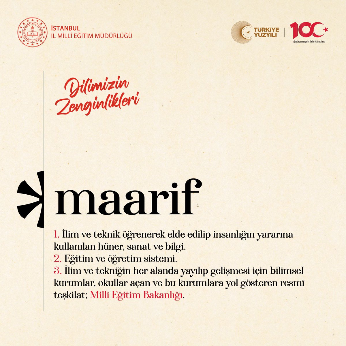 ♦️Günün Kelimesi : Maarif 1. İlim ve teknik öğrenerek elde edilip insanlığın yararına kullanılan hüner, sanat ve bilgi. 2. Eğitim ve öğretim sistemi. 3. İlim ve tekniğin her alanda yayılıp gelişmesi için bilimsel kurumlar, okullar açan ve bu kurumlara yol gösteren resmî…