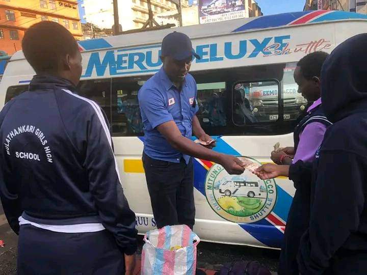 A matatu operator plying the Meru route refunds students their fare and directs them where to get a bus to return to their homes. This follows a midnight announcement by CS Education Ezekiel Machogu, postponing school reopening.