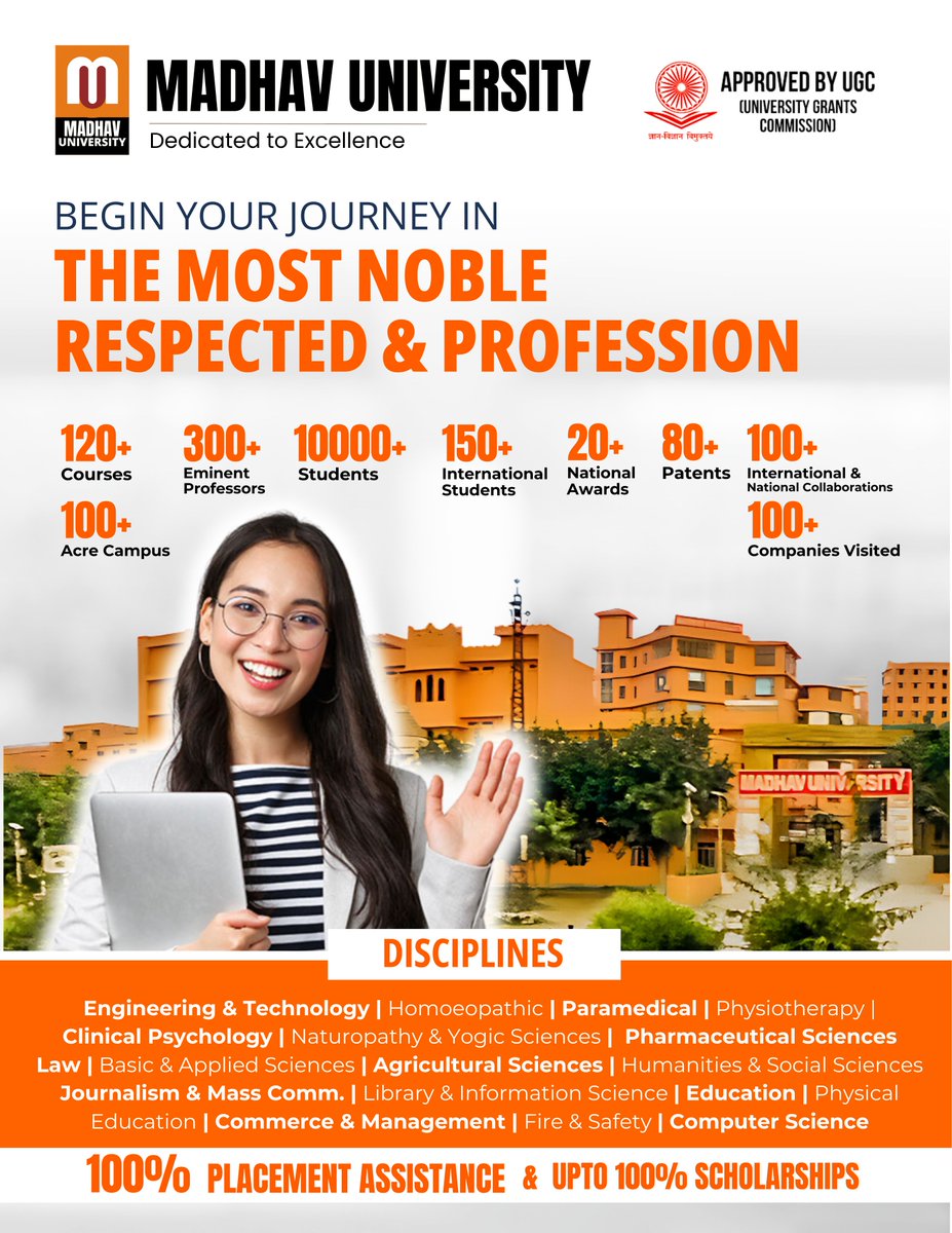 'Embark on your journey towards excellence at Madhav University, where respect, nobility, and professionalism converge. #MadhavUniversity #ExcellenceInEducation #NobleLearning'