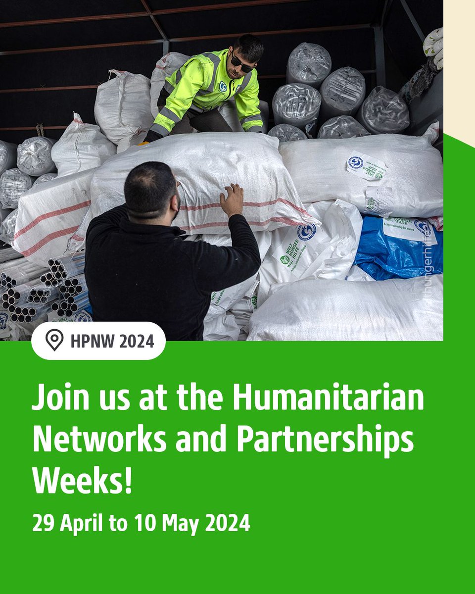 We're excited to be part of the #HNPW. Meet WHH's experts on anticipatory humanitarian action and from #ESUPS in Geneva: 🔸 Booth from 6 May 🔸 Session: Hacia la localización en América Latina (hosted by @logcluster) 🔸 Session: Logistics Data-sharing Supporting Disaster Mgmt