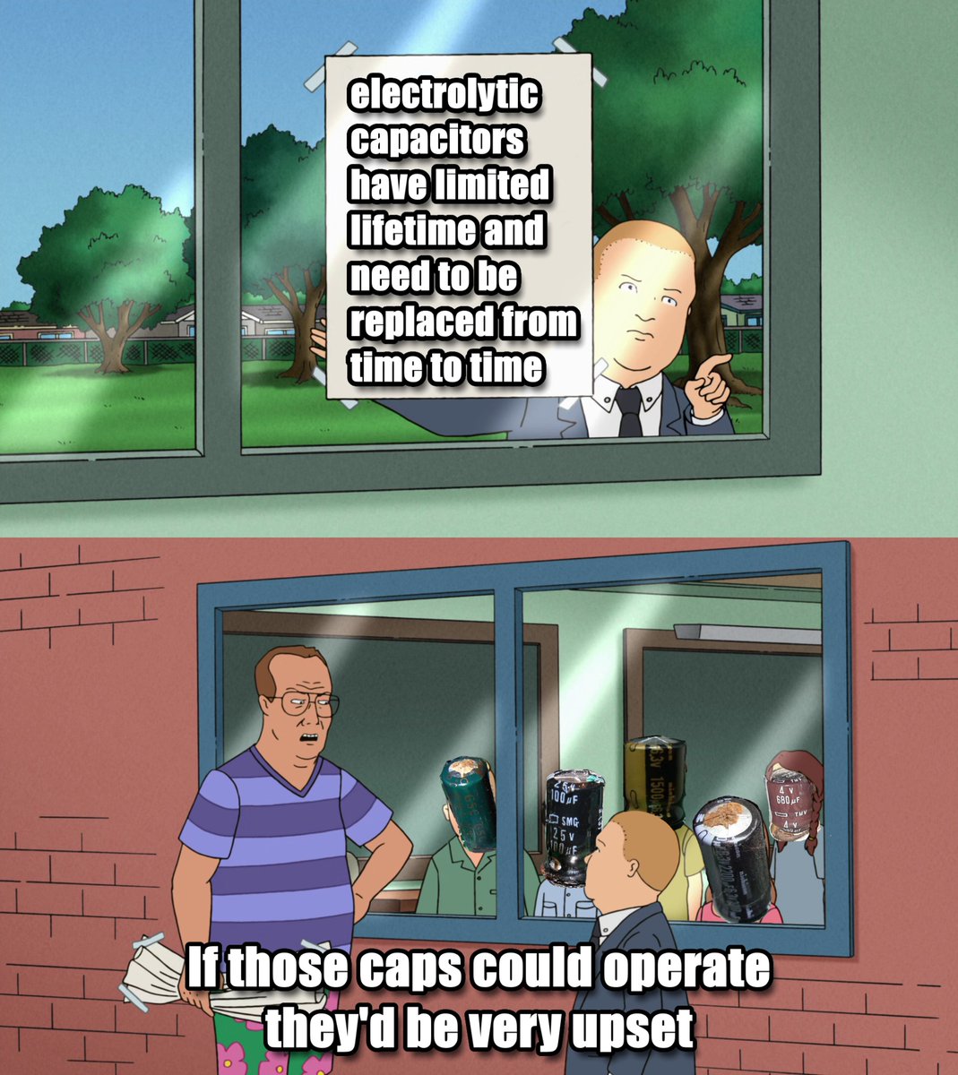If an appliance like a TV breaks, 90% chance you can just recap the power supply and boom - it’s working again!
Electrolytic caps often have a visual feedback: the top is not flat, but bulging, some residue.
#righttorepair