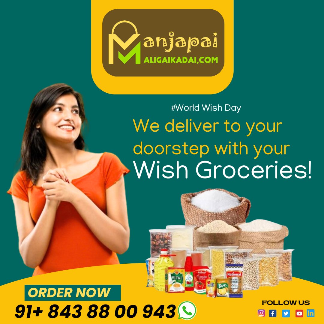 We deliver to your doorstep with  your WISH GROCERIES! 🛒🛵🤩

For order call : 843 88 00 943

#worldwishday
#groceries #grocery #organicfood #organic #doorstep #doordelivery #grocerydoorstep #manjapaimaligaikadai #chennai #chennaishopping