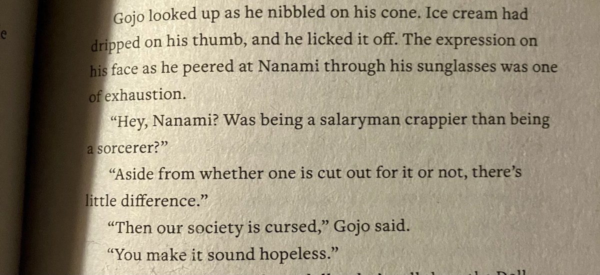 I can’t believe I forgot about this part of Resurrection Puppet. Gojo actually being honest and vulnerable with Nanami, let alone anyone, is so rare