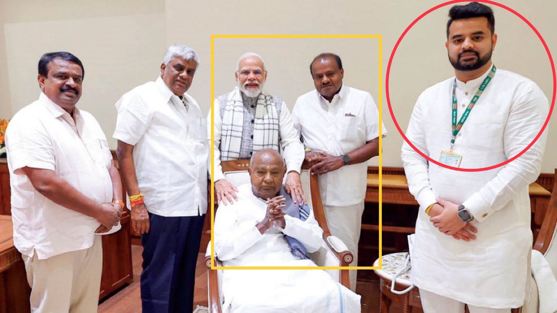 Biggest SEXUAL SCANDAL in India’s history!!! 🚨 The red circled man in this picture is Prajwal Revanna. He is the nephew of HD Kumaraswami, whose party is BJP’s ally in Karnataka. 👇 Thousands of his videos are viral where he can be seen molesting women. He filmed them…