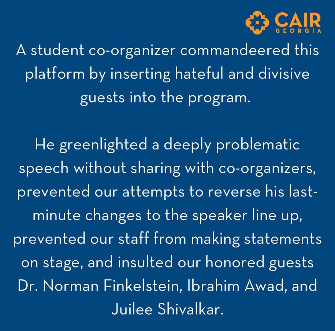 CAIR GA posted a statement regarding the cancellation of Norman Finkelstein’s talk at Emory University today