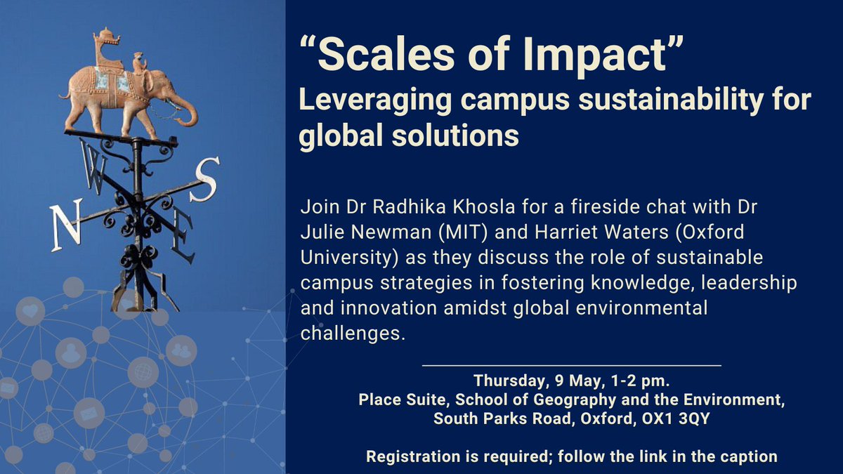 University environmental strategies in Oxford and MIT and why do they matter? Fireside chat (and lunch): “Scales of Impact” Leveraging campus sustainability for global solutions. 9/5/24, 1:00-2:00, SoGE Radhika Khosla, Julie Newman (MIT) and Harriet Waters talks.ox.ac.uk/talks/id/405ff…