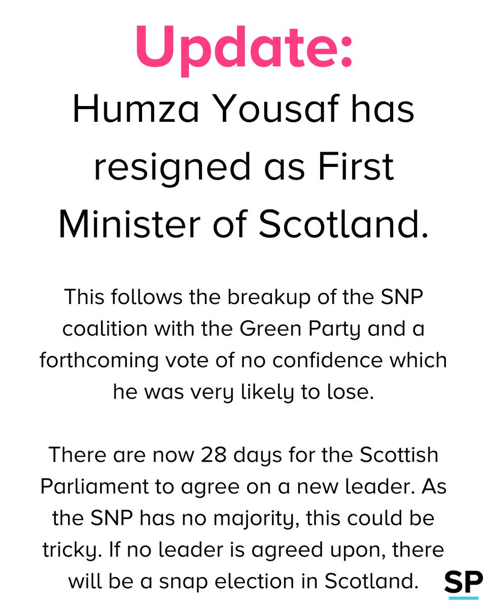 He will continue as First Minister until his replacement is selected by the SNP (and then agreed by the Scottish Parliament).