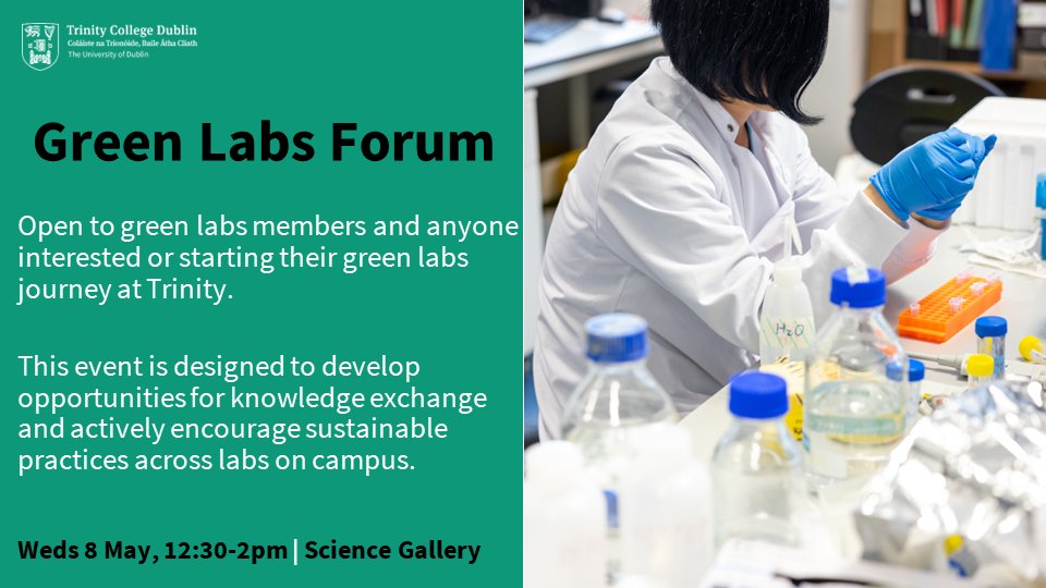 On 8 May, @NatProTCD is hosting a forum for those involved or interested in running more sustainable labs. Jack O'Grady @My_Green_Lab, Cillian Gately & Trevor Woods from Trinity will help others w/ the process of getting their labs certified 'Green.' forms.office.com/Pages/Response…