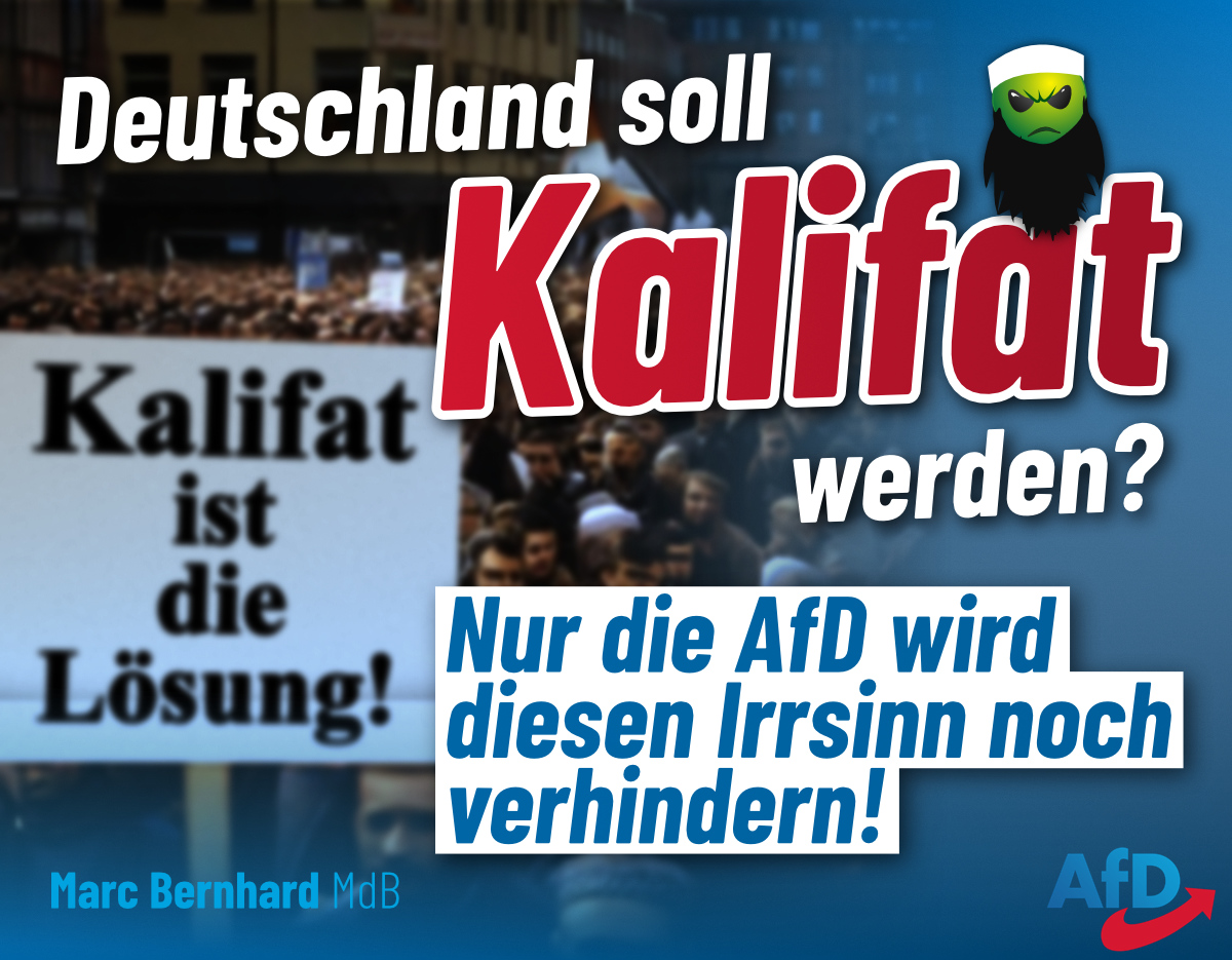 Deutschland soll #Kalifat werden?

Hunderte Islamisten rufen „Allahu Akbar“ und Nancy Faeser schaut tatenlos zu. Wir brauchen keinen verlogenen staatlichen „Kampf gegen rechts“, sondern gegen die gefährliche Islamisierung. Nur die #AfD kann diesen Irrsinn noch stoppen!