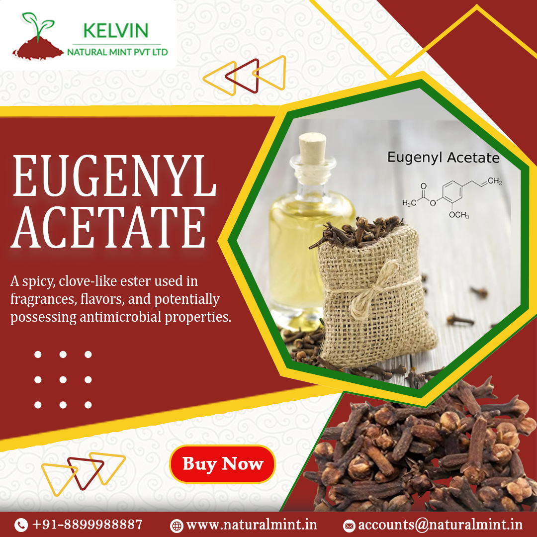 🌿 Revitalize your senses with #EugenylAcetate from #KelvinNaturalMint! Embrace the essence of clove and spice while unlocking potential antimicrobial benefits. Buy now for a fresh, fragrant experience!

#FlavorfulJourney #FragranceElegance #SensoryDelight #EugenolMagic #Scent