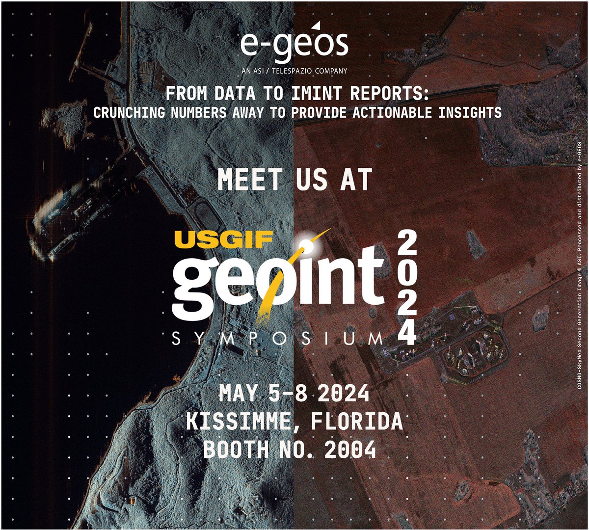 ✈️ #e_GEOS is ready for @USGIF #GEOINT2024! 📍 5-8 May - Gaylord Palms Resort and Conference Centre, #Kissimmee, #Florida, #UnitedStates 👋🏻Visit our Booth n. 2004 to discover #brAInt and #SEonSE, e-GEOS platforms for #Defence and #Intelligence, #IMINT and #MaritimeSurveillance