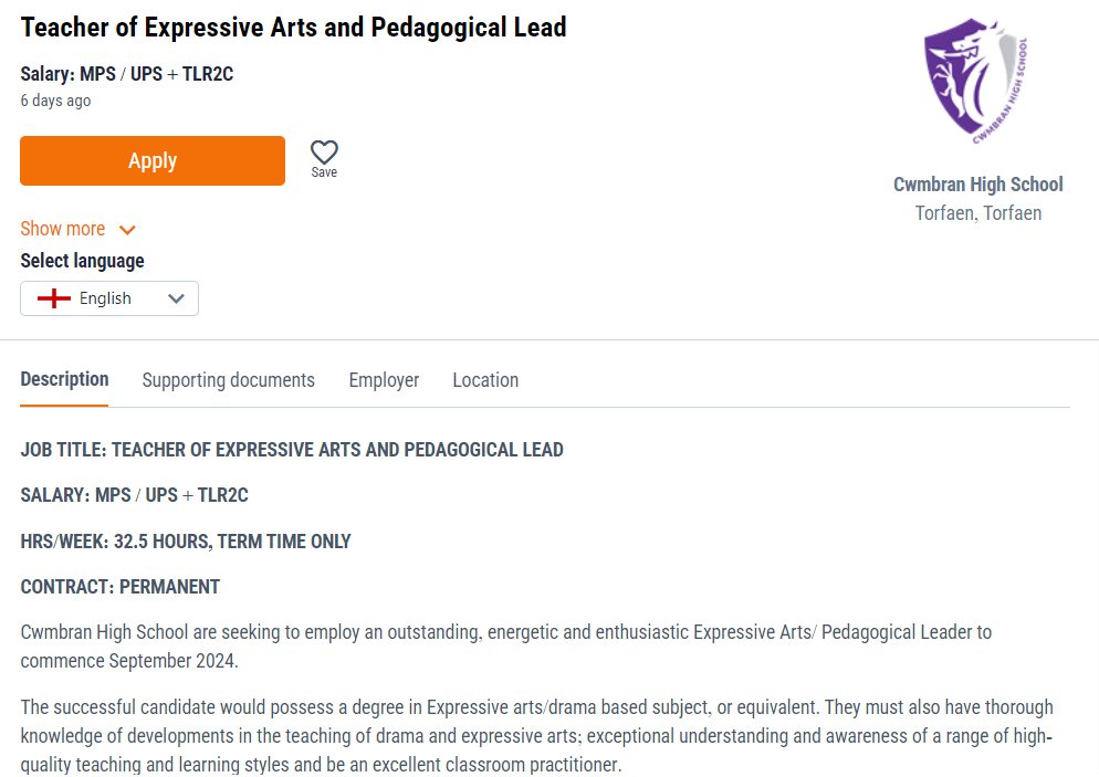 CwmbranHead's tweet photo. A further exciting opportunity for a Pedagogical Lead/Teacher of Expressive Arts/Drama. https://t.co/cJhyWtn2Hc