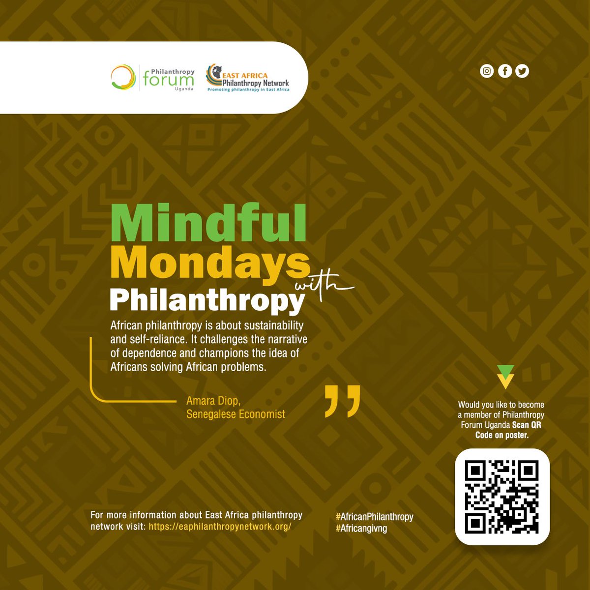 💭Mindful Mondays With Philanthropy💙
 
“African philanthropy is about sustainability and self-reliance. It challenges the narrative of dependence and champions the idea of Africans solving African problems.” _ Amara Diop, Senegalese Economist
 
#AfricanPhilanthropy