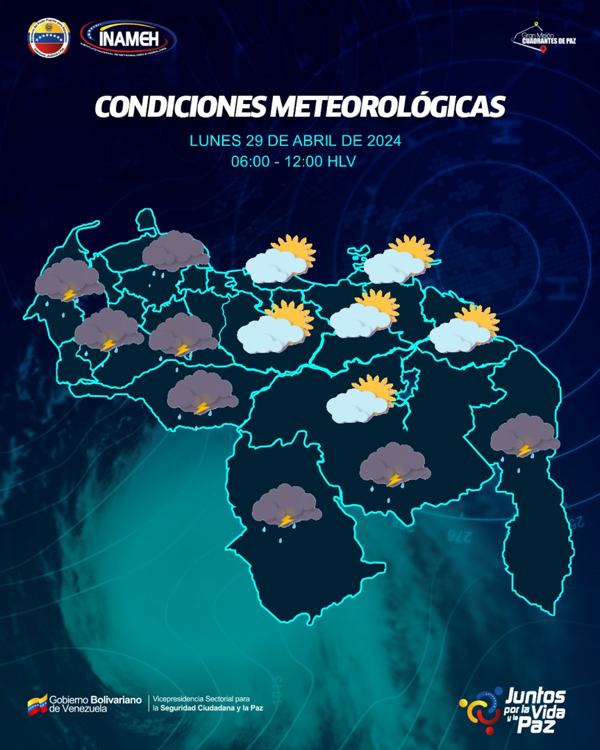 #29ABR || Prevalecen condiciones de tiempo estable en buena parte del país, predominando cielo con escasa nubosidad y despejado; así mismo,se prevén algunas zonas nubladas con precipitaciones de intensidad variable y actividad eléctrica. #VenezuelaPaísDeEsfuerzoPropio