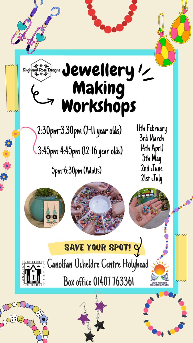 💍💍💍Adult Jewellery Making Workshop with Angharad Rose Designs💍💍💍

Creu Heulwen Caergybi Creating Sunshine

📅 Sunday 5th May
⏰ 5pm - 6:30pm (Adults)
💷 £5 (BOOK NOW)
☎️ Box Office on 01407763361